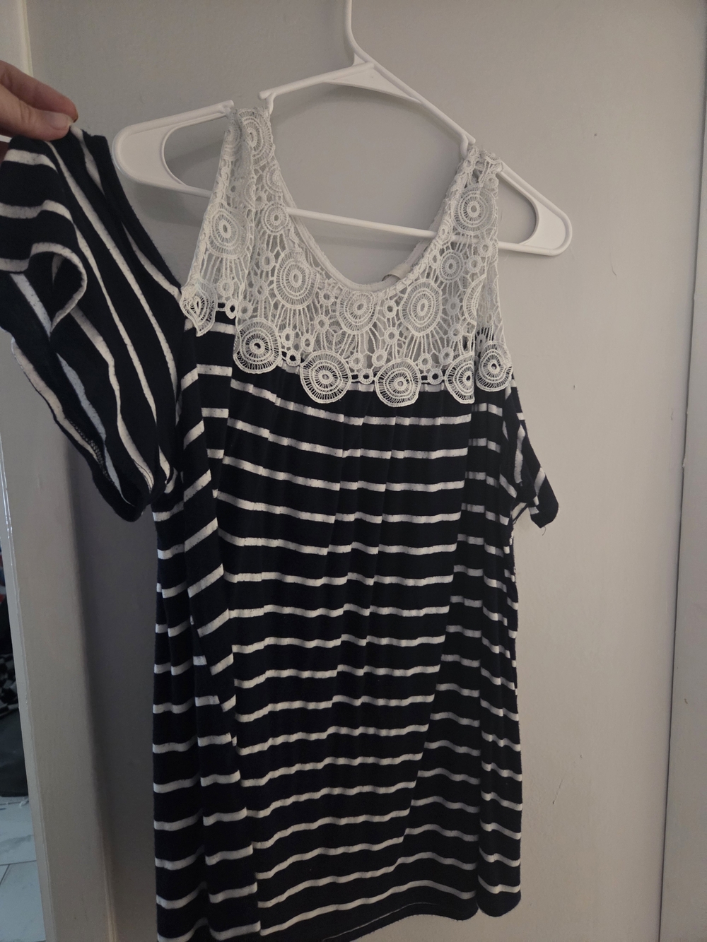 Striped Cold-Shoulder Top with Lace Yoke - Black and White